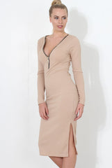 Nude ribbed Zip front midi dress- Kacee-Dresses