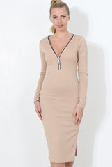 Nude ribbed Zip front midi dress- Kacee-Dresses