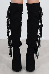 Nula Black Tassel Knee High Boots-Boots