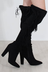 Nula Black Tassel Knee High Boots-Boots