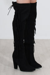 Nula Black Tassel Knee High Boots-Boots