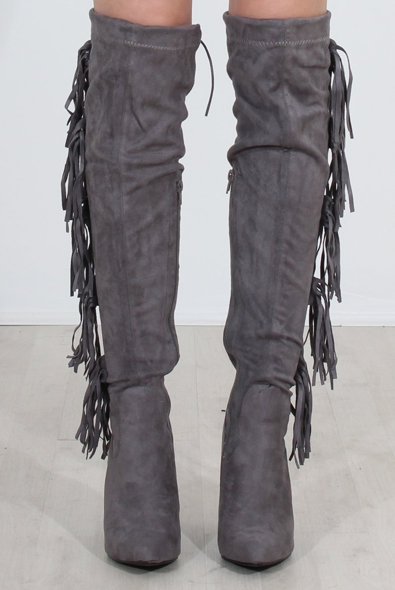 Nula Grey Tassel Knee High Boots-Boots