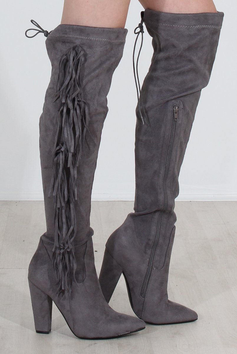 Nula Grey Tassel Knee High Boots-Boots