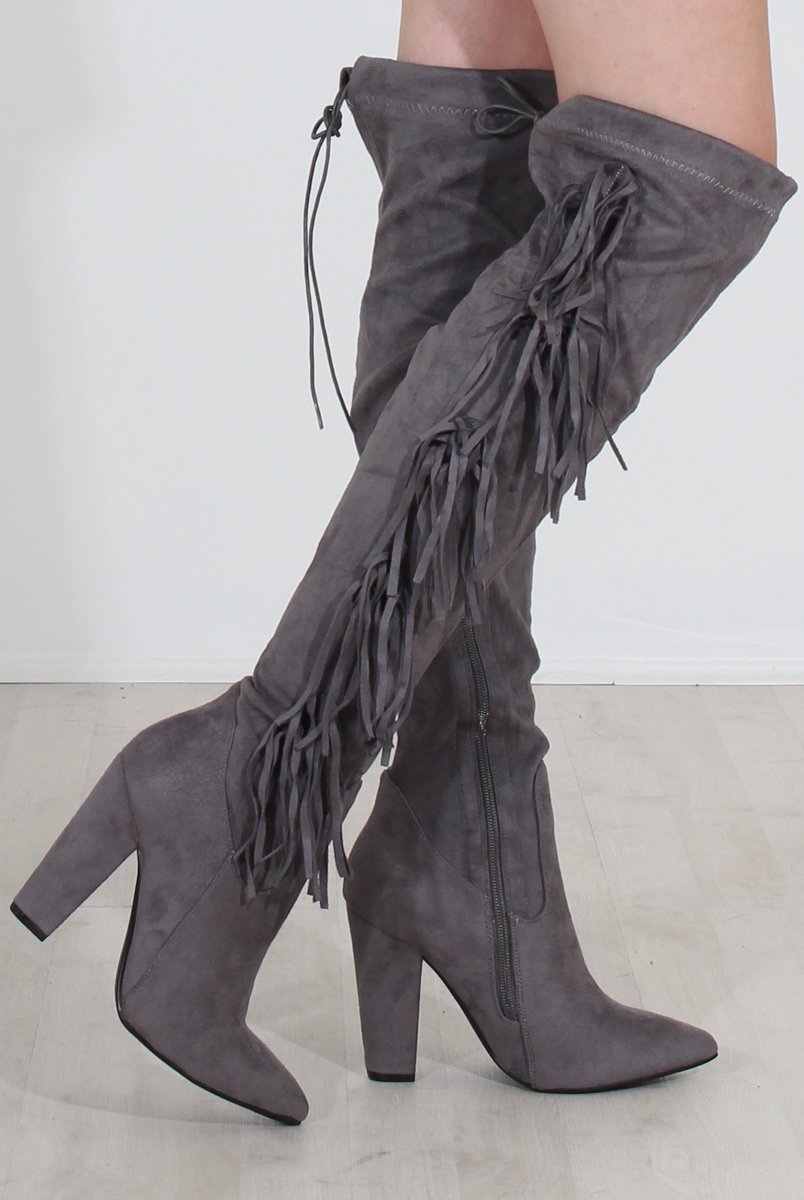 Nula Grey Tassel Knee High Boots-Boots