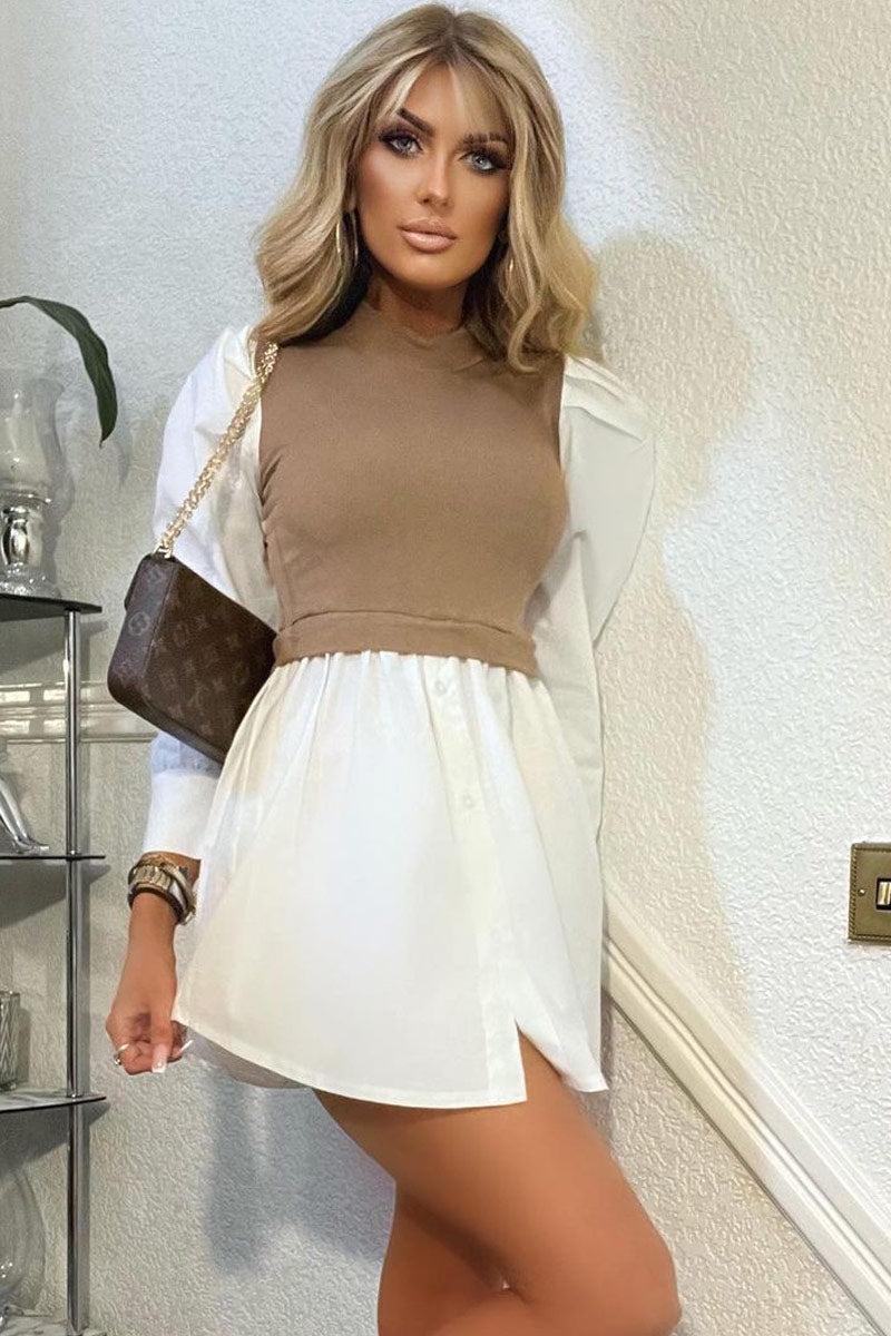 Camel Overlay Detail Puff Sleeve White Shirt Dress - Olah