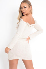 Oatmeal Rib Bardot Button Mini Dress - Dailin-Dresses