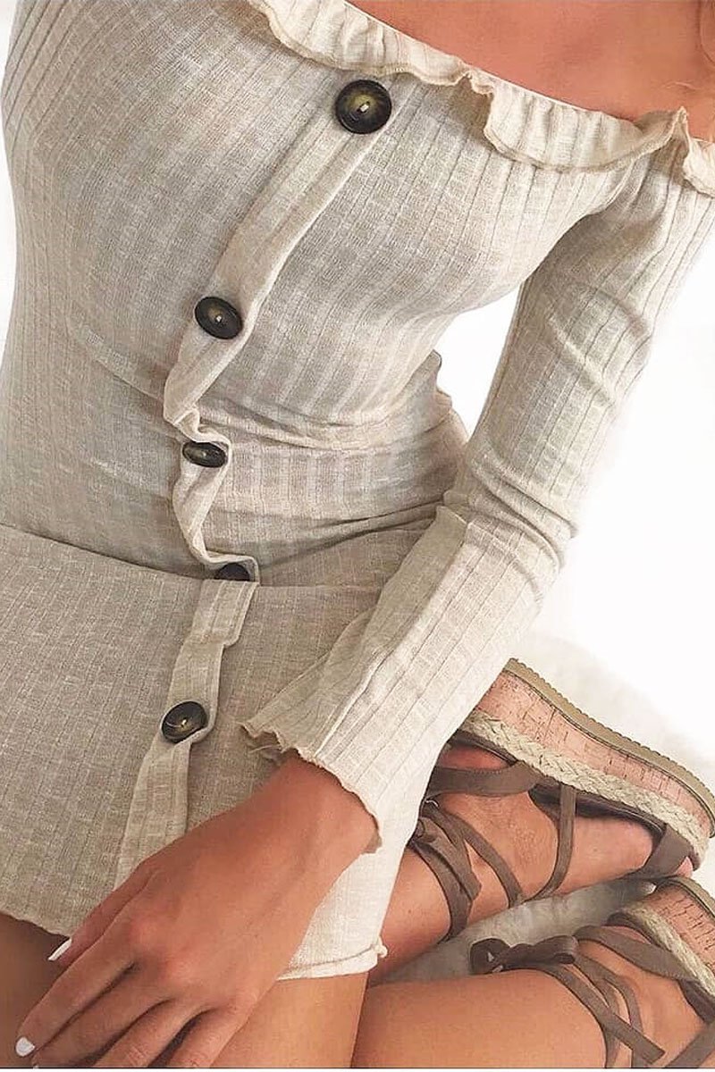 Oatmeal Rib Bardot Button Mini Dress - Dailin-Dresses