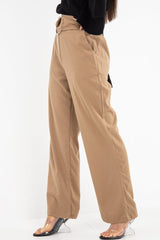 Olive Crepe Wide Leg O Ring Belted Trousers - Jaselle-Trousers