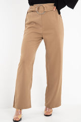 Olive Crepe Wide Leg O Ring Belted Trousers - Jaselle-Trousers