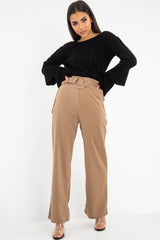 Olive Crepe Wide Leg O Ring Belted Trousers - Jaselle-Trousers