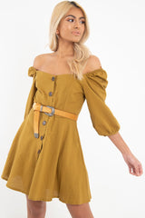 Olive Green Button Front Skater Dress - Candice-Dresses