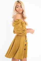 Olive Green Button Front Skater Dress - Candice-Dresses