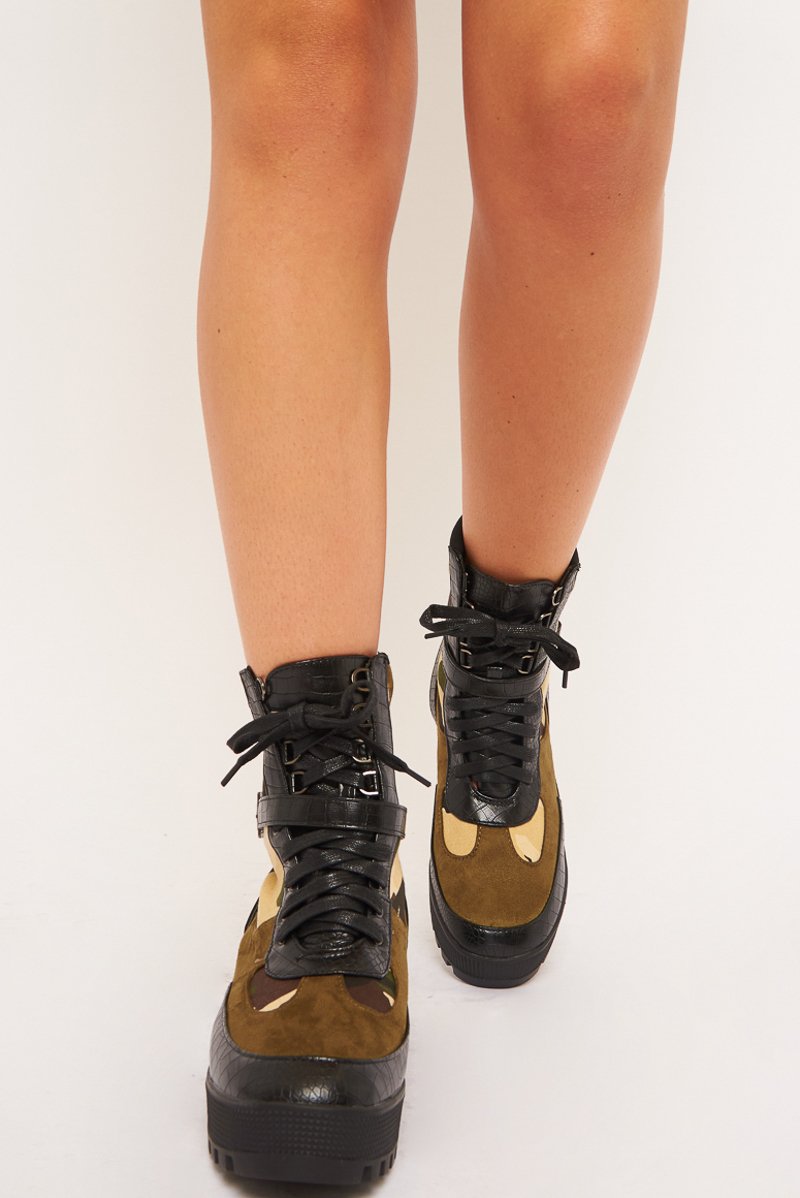 Olive Green Camo Military Buckle Boots - Jacara-Boots