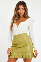 Olive Green Pleat Hem Faux Leather Mini Skirt - Irena-Skirts
