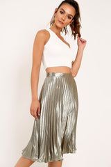 Olive Satin Pleated Midi Skirt - Kelyn-Skirts
