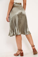 Olive Satin Pleated Midi Skirt - Kelyn-Skirts
