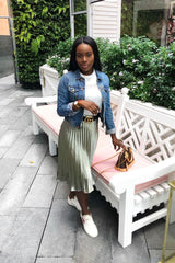 Olive Satin Pleated Midi Skirt - Kelyn-Skirts