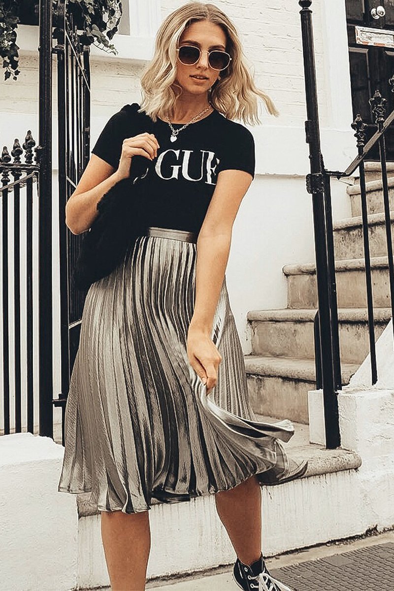 Olive Satin Pleated Midi Skirt - Kelyn-Skirts