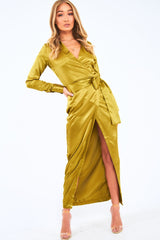 Olive Satin Plunge Wrap Front Maxi Dress - Beni-Dresses
