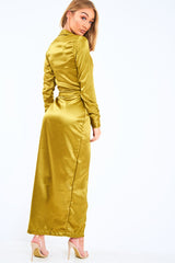 Olive Satin Plunge Wrap Front Maxi Dress - Beni-Dresses