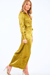 Olive Satin Plunge Wrap Front Maxi Dress - Beni-Dresses