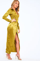 Olive Satin Plunge Wrap Front Maxi Dress - Beni-Dresses