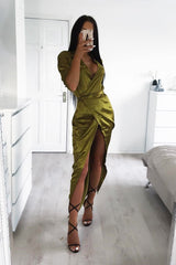 Olive Satin Plunge Wrap Front Maxi Dress - Beni-Dresses