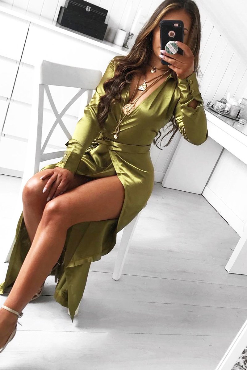 Olive Satin Plunge Wrap Front Maxi Dress - Beni-Dresses