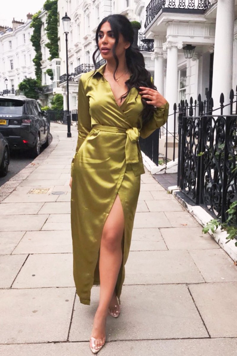 satin plunge wrap dress Lynette | Olive Satin Plunge-Neck Maxi Dress With Asymmetric Hem Club L London