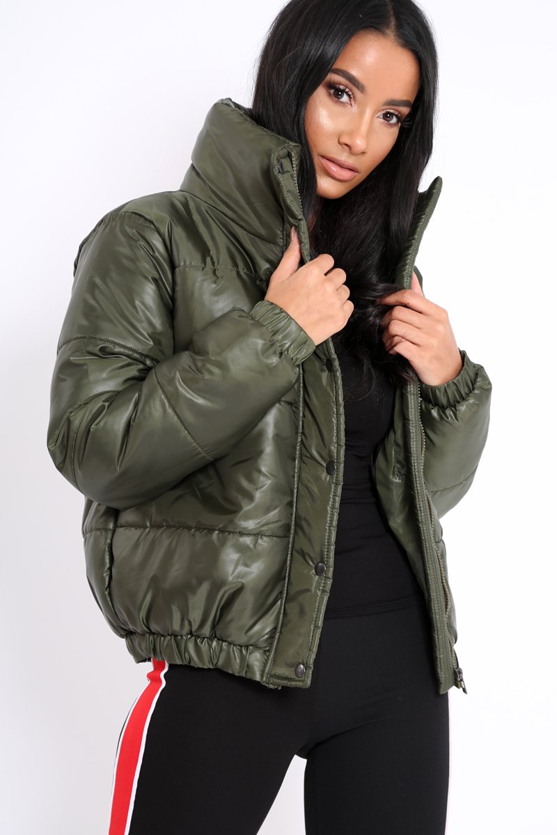 Olive Shiny Puffer Coat - Penny-Coats