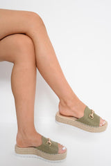 Olive Woven Platform Slip On Sandals - Liara-Sliders