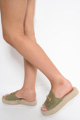 Olive Woven Platform Slip On Sandals - Liara-Sliders