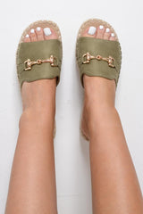 Olive Woven Platform Slip On Sandals - Liara-Sliders