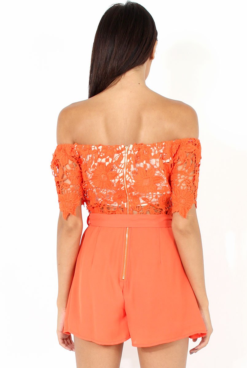 Orange Bardot Crochet Playsuit - Wynn-Playsuits