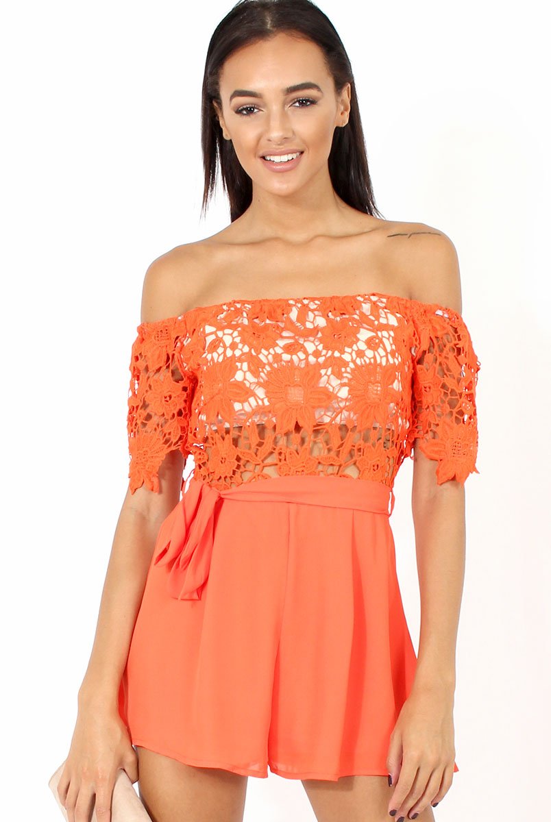 Orange Bardot Crochet Playsuit - Wynn-Playsuits
