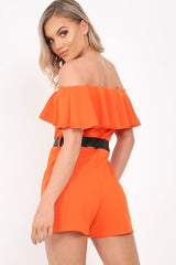 Orange Bardot Frill Belted Playsuit - Saffron-Playsuits