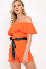 Orange Bardot Frill Belted Playsuit - Saffron-Playsuits