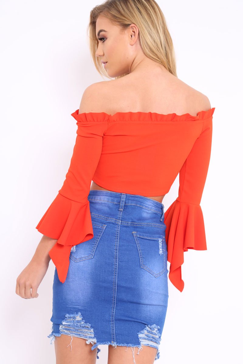 Orange Bardot Frill Crop Top with Flared Sleeves - Tiffy-Tops