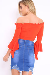 Orange Bardot Frill Crop Top with Flared Sleeves - Tiffy-Tops