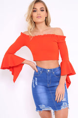 Orange Bardot Frill Crop Top with Flared Sleeves - Tiffy-Tops
