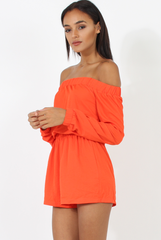 Orange Bardot Long Sleeved Playsuit - Lateysha-Playsuits