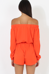 Orange Bardot Long Sleeved Playsuit - Lateysha-Playsuits