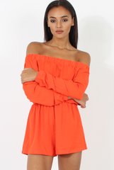 Orange Bardot Long Sleeved Playsuit - Lateysha-Playsuits
