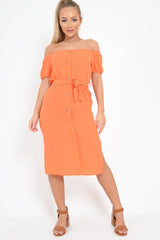 Orange Bardot Puff Sleeve Button Midi Dress - Jacinta-Dresses