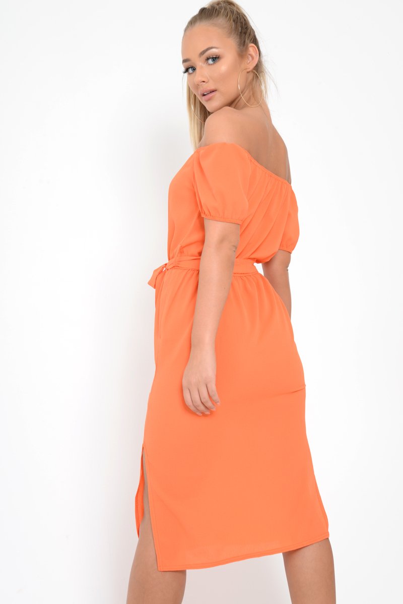Orange Bardot Puff Sleeve Button Midi Dress - Jacinta-Dresses