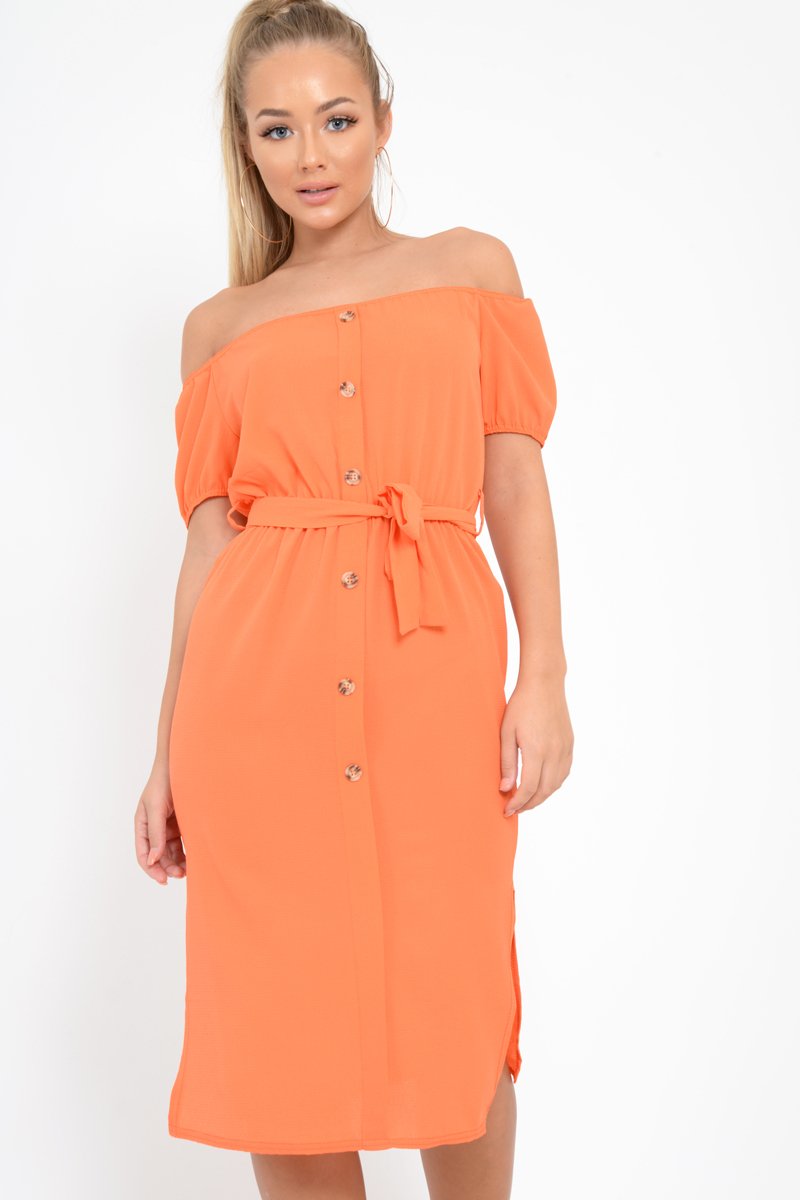 Orange Bardot Puff Sleeve Button Midi Dress - Jacinta-Dresses