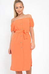 Orange Bardot Puff Sleeve Button Midi Dress - Jacinta-Dresses