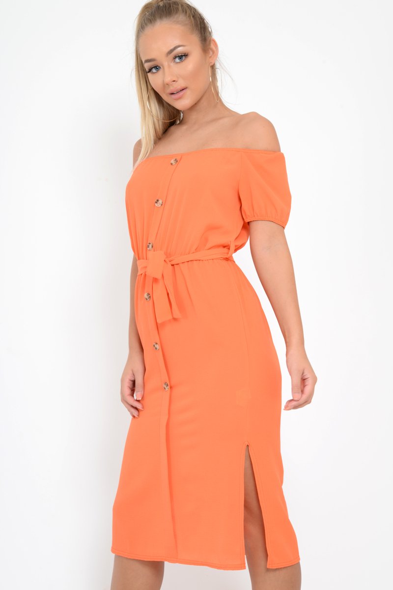 Orange Bardot Puff Sleeve Button Midi Dress - Jacinta-Dresses