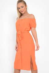 Orange Bardot Puff Sleeve Button Midi Dress - Jacinta-Dresses