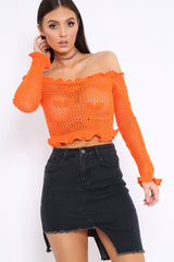 Orange Bardot Ruffle Hem Crochet Top - Byrdie-Crop Tops